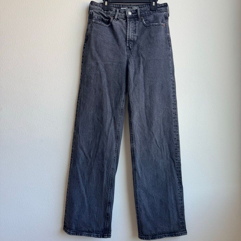 Old Navy Ski Hi Wide Leg Barrel Gray Black Solid Wash Jeans Size 4 /27 Inseam 29